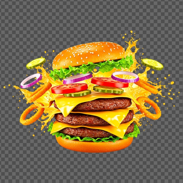 Un délicieux cheeseburger triple avec des ingrédients volants et de la sauce sur le dos transparent