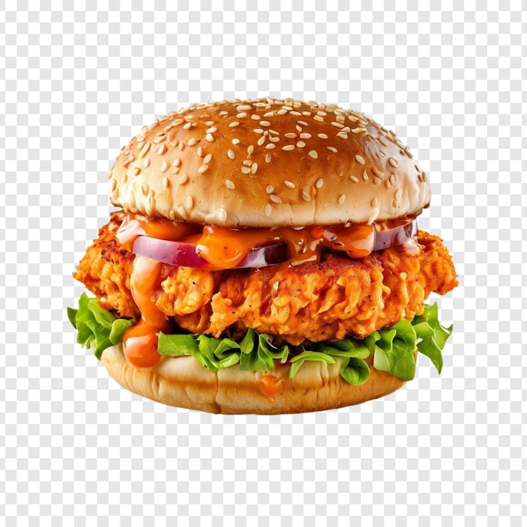 PSD un délicieux hamburger au poulet croustillant avec du pain de sésame à la sauce épicée