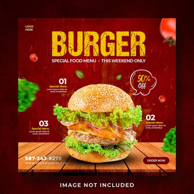 PSD délicieux hamburger et promotion du menu alimentaire modèle de bannière de publication sur les médias sociaux instagram