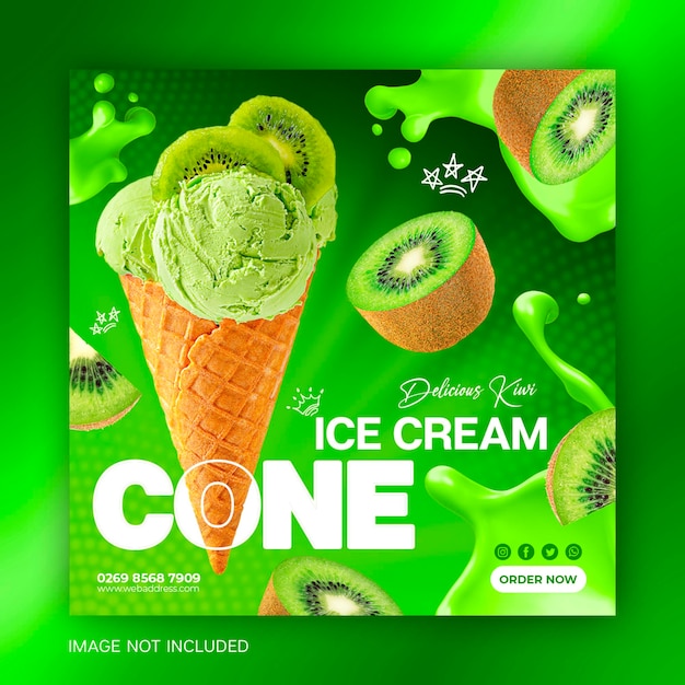 Délicieux Kiwi Ice cream cone bannière de médias sociaux instagram conception de modèle de publication carrée