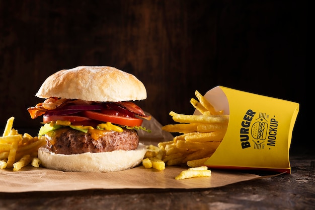 Délicieux menu de hamburgers avec maquette de frites