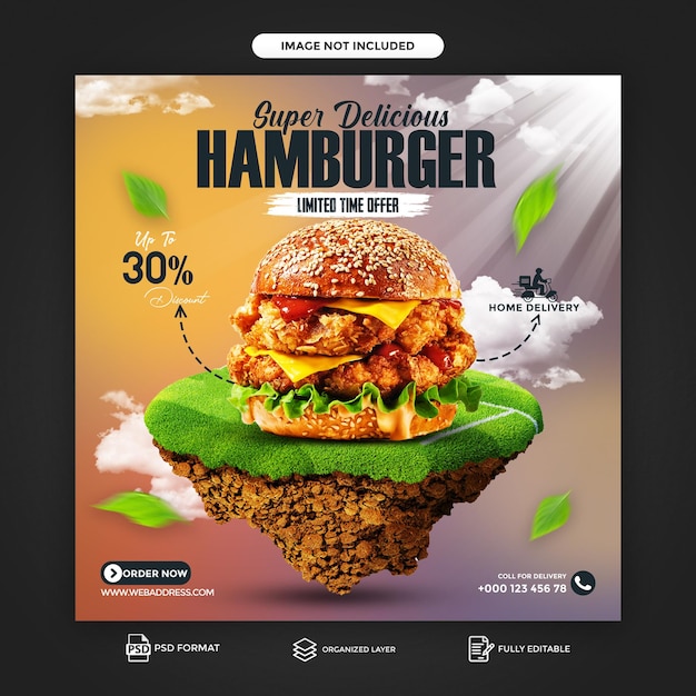 PSD délicieux menu de hamburgers promotion des médias sociaux et modèle de publication de bannière facbook ou instagram