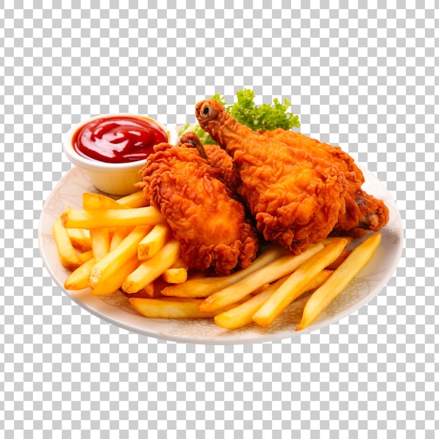 PSD délicieux poulet frit avec des frites isolées sur un fond transparent