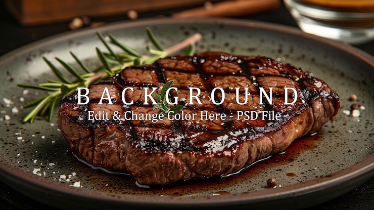 PSD délicieux steak de bœuf grillé avec des marques de brûlure parfaites servi sur une assiette contre un sombre