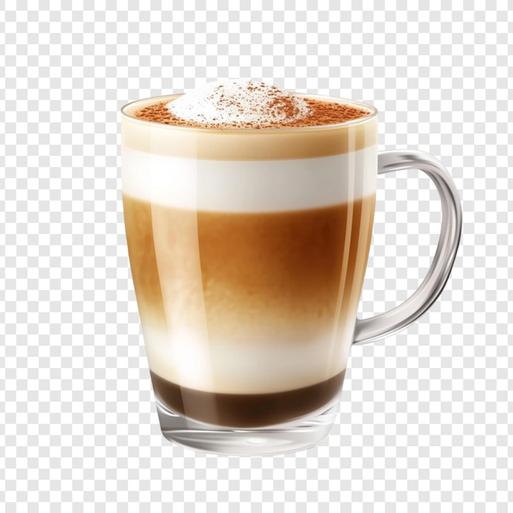 PSD deliciosa bebida de café em camadas em uma caneca de vidro com pó de cacau em cima