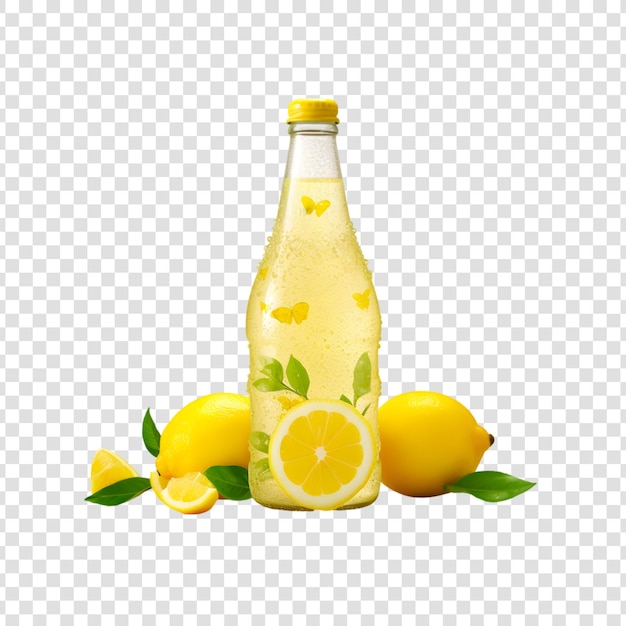 PSD deliciosa botella de limonada con limón aislado sobre un fondo transparente