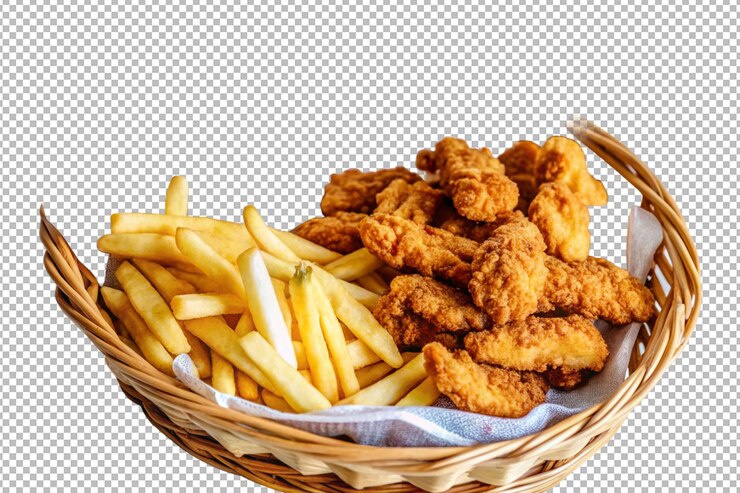 PSD una deliciosa canasta de tiras de pollo llena de sabor salado y crujiente.