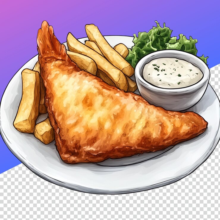 PSD deliciosa comida de pescado y papas fritas perfecta para los menús de los restaurantes