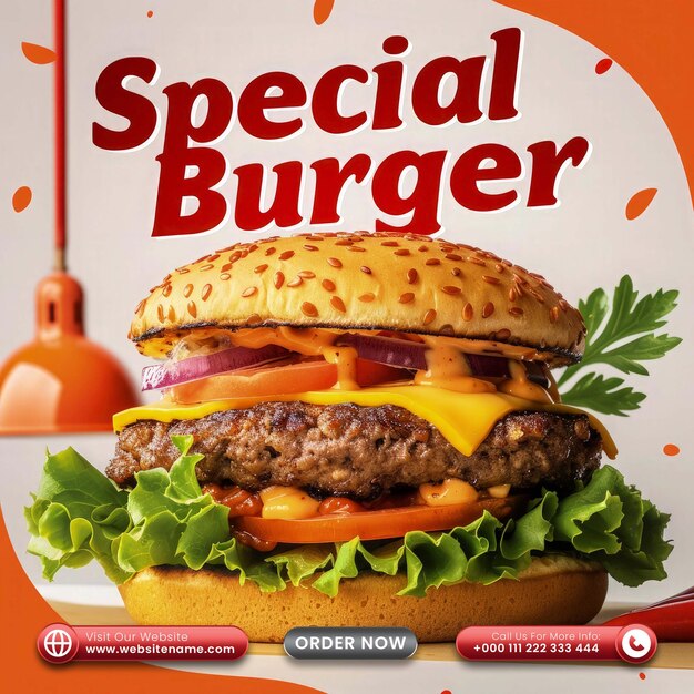 Deliciosa comida rápida especial hamburguesa plantilla de publicación en las redes sociales