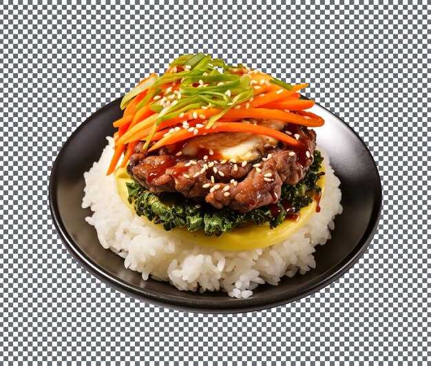 Deliciosa y deliciosa hamburguesa bulgogi bibimbap aislada sobre un fondo transparente