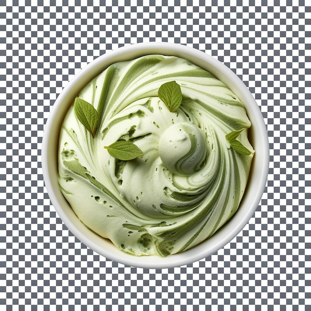 Deliciosa e cremosa tigela de sorvete de chá verde matcha em fundo transparente