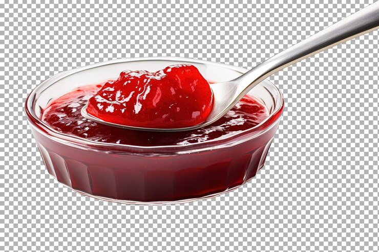 PSD deliciosa geleia de morango em um prato de vidro com uma colher de prata em uma mesa de cozinha aconchegante em fundo transparente branco ou png