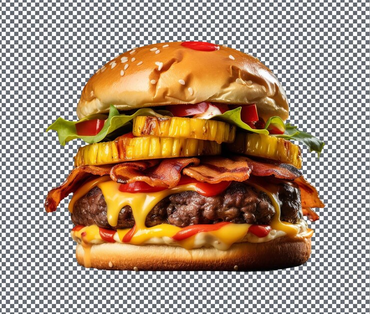PSD deliciosa hamburguesa de barbacoa hawaiana aislada sobre un fondo transparente