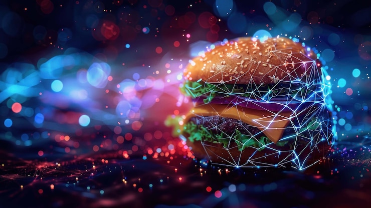 PSD una deliciosa hamburguesa con un brillo digital y un intrincado diseño de marco de alambre en un fondo oscuro con bokeh colorido