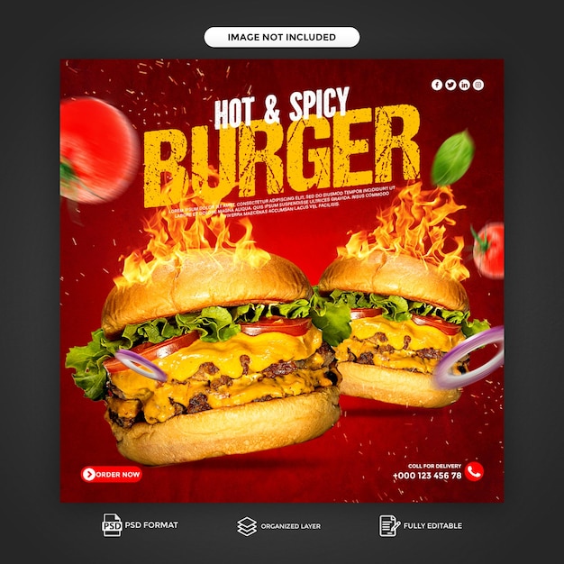 Deliciosa hamburguesa caliente y picante plantilla de redes sociales Diseño psd gratis
