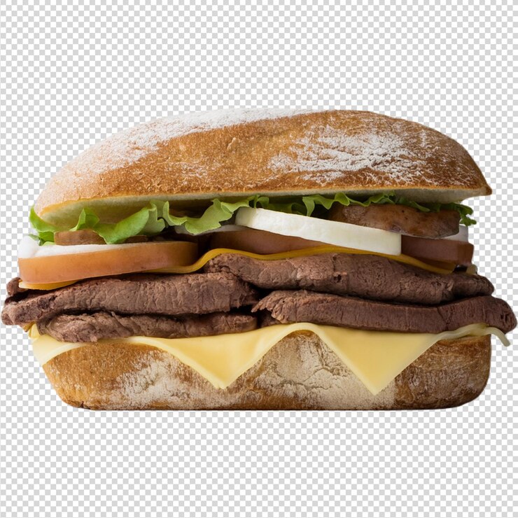 Deliciosa hamburguesa de carne grande con queso sobre un fondo transparente