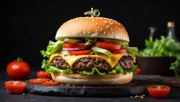 Deliciosa hamburguesa casera jugosa con papas fritas en el lado con un buen fondo