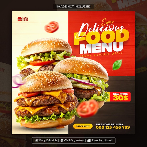 Deliciosa hamburguesa y comida en las redes sociales o plantilla de publicación de Instagram