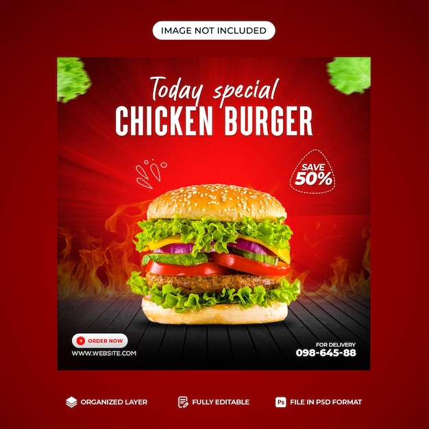 Deliciosa hamburguesa y menú de comida diseño de banner de redes sociales