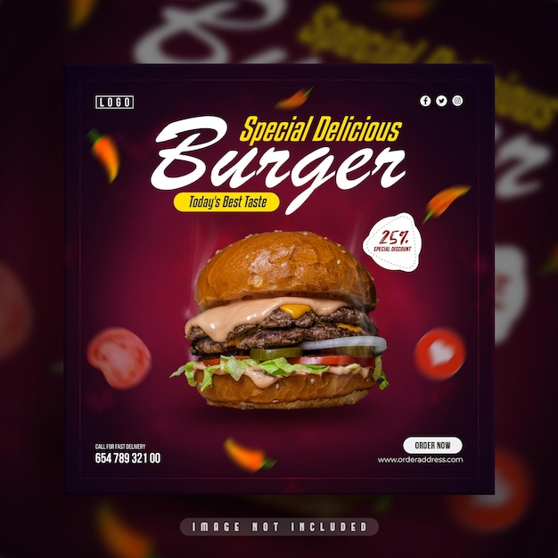 Deliciosa hamburguesa y menú de comida instagram banner de redes sociales