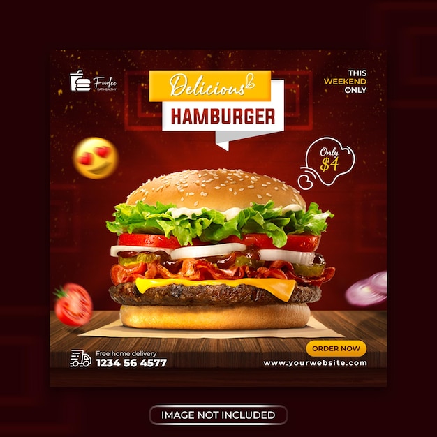 Deliciosa hamburguesa y menú de comida plantilla de banner de redes sociales PSD Premium