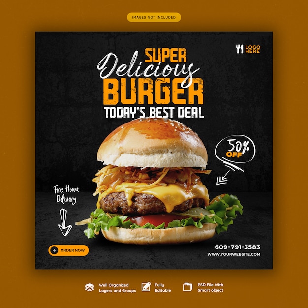 Deliciosa hamburguesa y menú de comida plantilla de banner de redes sociales