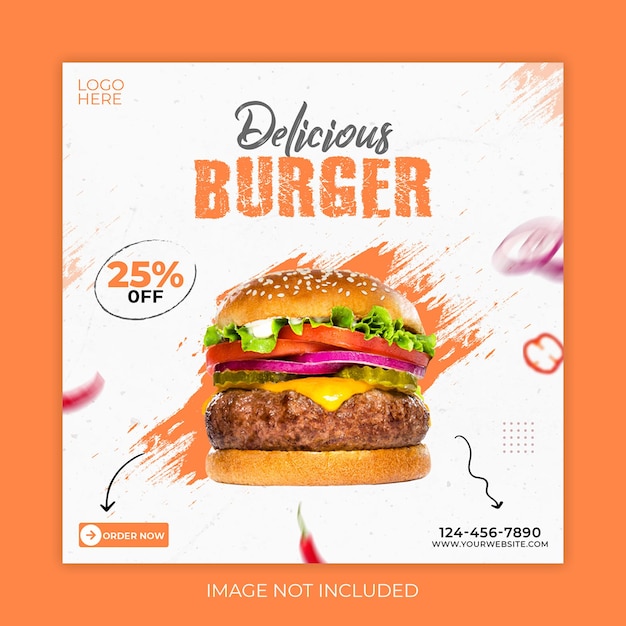 Deliciosa hamburguesa y menú de comida plantilla de banner de redes sociales