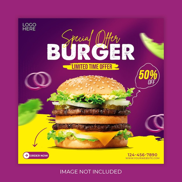 PSD deliciosa hamburguesa y menú de comida plantilla de banner de redes sociales