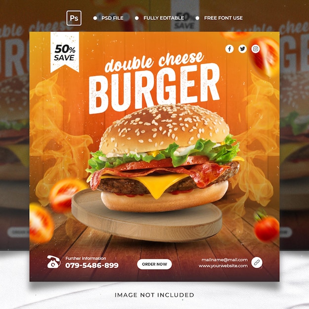 Deliciosa hamburguesa y menú de comida plantilla de banner de redes sociales