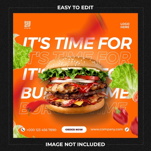 Deliciosa hamburguesa y menú de comida plantilla de banner de redes sociales