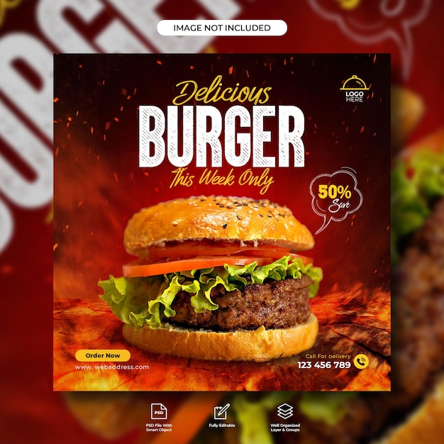 Deliciosa hamburguesa y menú de comida plantilla de diseño de banner de redes sociales