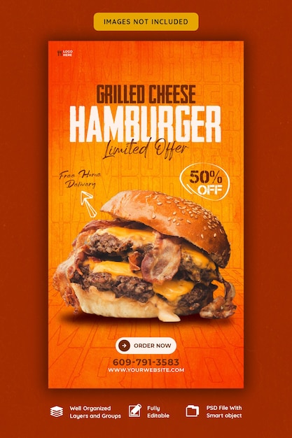 PSD deliciosa hamburguesa y menú de comida plantilla de historia de instagram y facebook