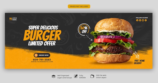 Deliciosa hamburguesa y menú de comida plantilla de portada de Facebook