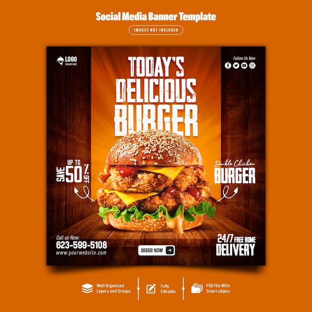 Deliciosa hamburguesa y menú de comida plantilla de publicación en redes sociales psd premium