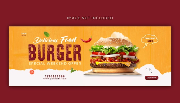 Deliciosa hamburguesa y menú de comida portada de facebook y plantilla de banner