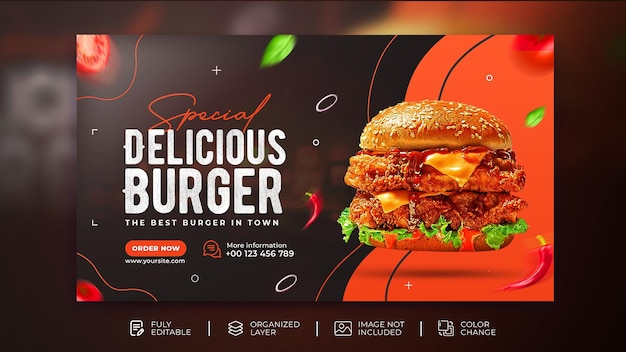 Deliciosa hamburguesa menú de comida promoción banner web banner de redes sociales modelo psd