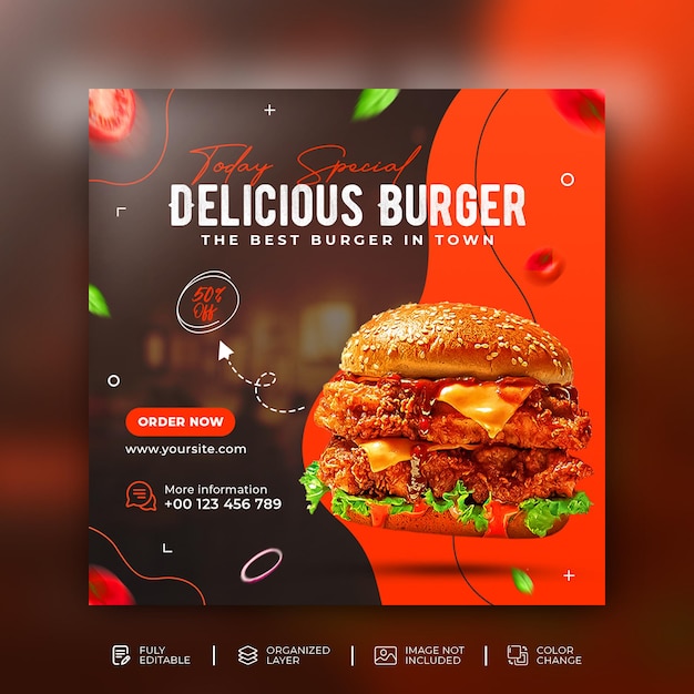 Deliciosa hamburguesa y menú de comida promoción de redes sociales banner cuadrado modelo psd