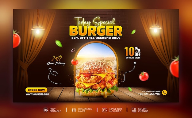 Deliciosa hamburguesa y menú de comida promoción de redes sociales banner cuadrado modelo psd