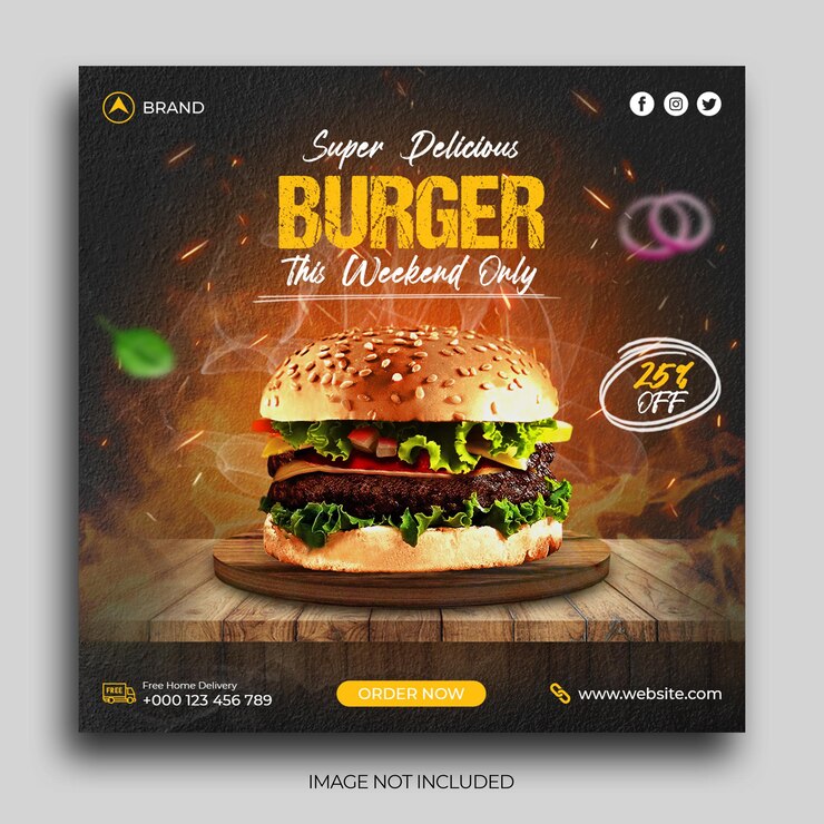 Deliciosa hamburguesa y menú de comida publicación en redes sociales Plantilla de banner de publicación de Instagram