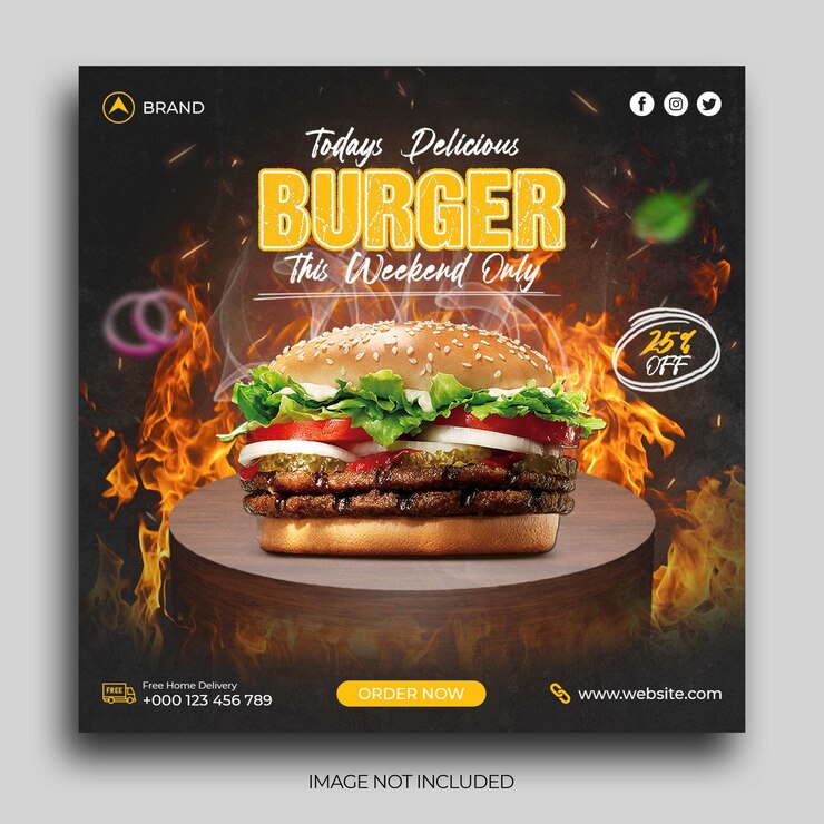 Deliciosa hamburguesa y menú de comida publicación en redes sociales Plantilla de banner de publicación de Instagram