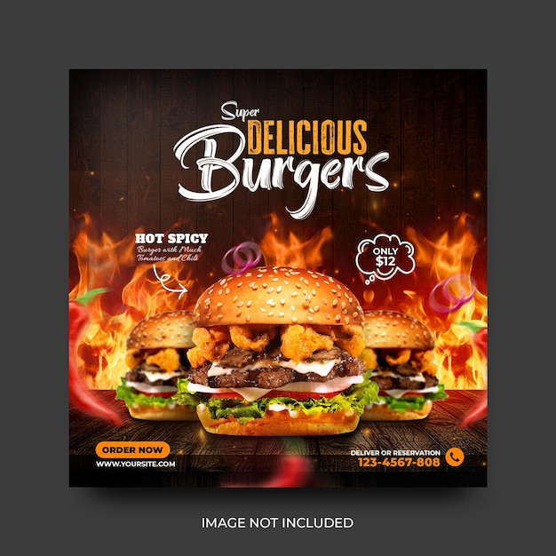 Deliciosa hamburguesa y menú de comida rápida plantilla de banner de publicación de redes sociales PSD Gratis