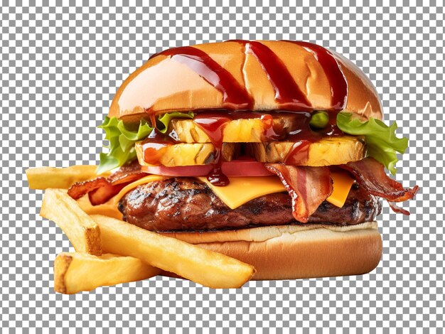 PSD deliciosa hamburguesa de pavo teriyaki hawaiana aislada sobre fondo transparente