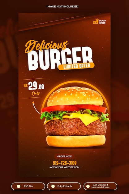 Deliciosa hamburguesa plantilla de historia de instagram y facebook