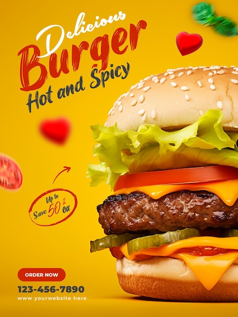 PSD deliciosa hamburguesa promoción de redes sociales de alimentos y plantilla de diseño de publicación de banner de instagram