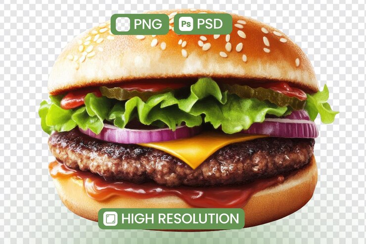 PSD deliciosa hamburguesa de queso con lechuga, tomate, cebolla y pepinillos