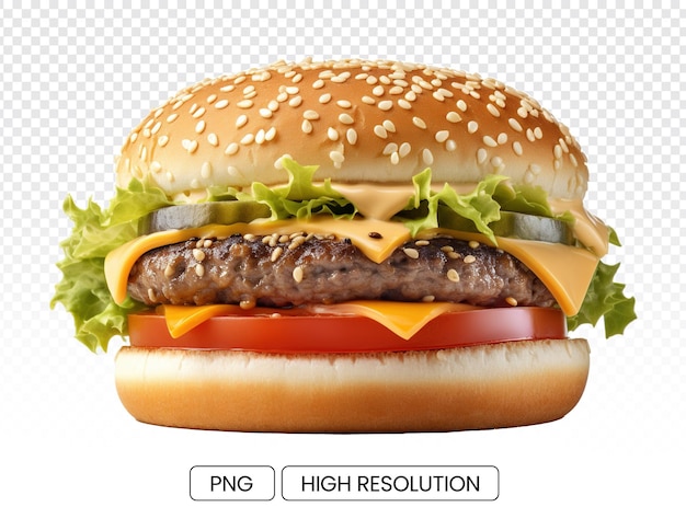 Una deliciosa hamburguesa con queso rellena con semillas de sésamo y un tomate grande sobre un fondo transparente