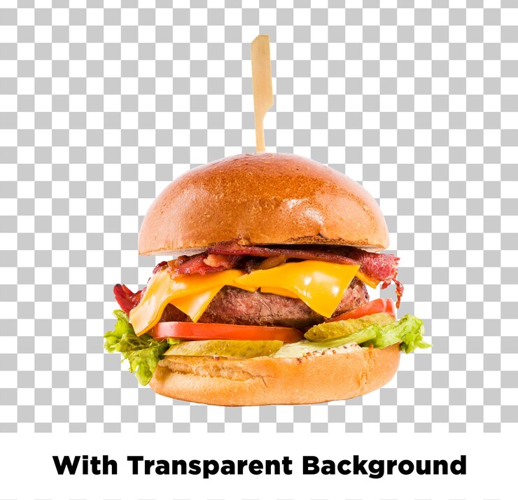 Deliciosa hamburguesa de queso con tocino en un fondo transparente