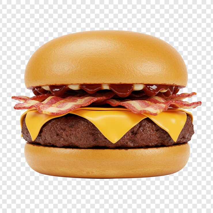 PSD deliciosa hamburguesa con queso con tocino sobre un fondo transparente