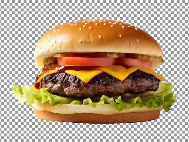 Deliciosa hamburguesa con queso de tomate y empanada de ternera sobre fondo transparente