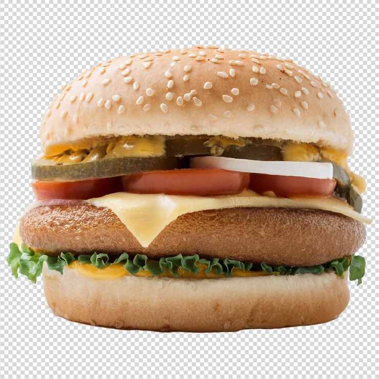 Deliciosa hamburguesa de queso con verduras sobre un fondo transparente